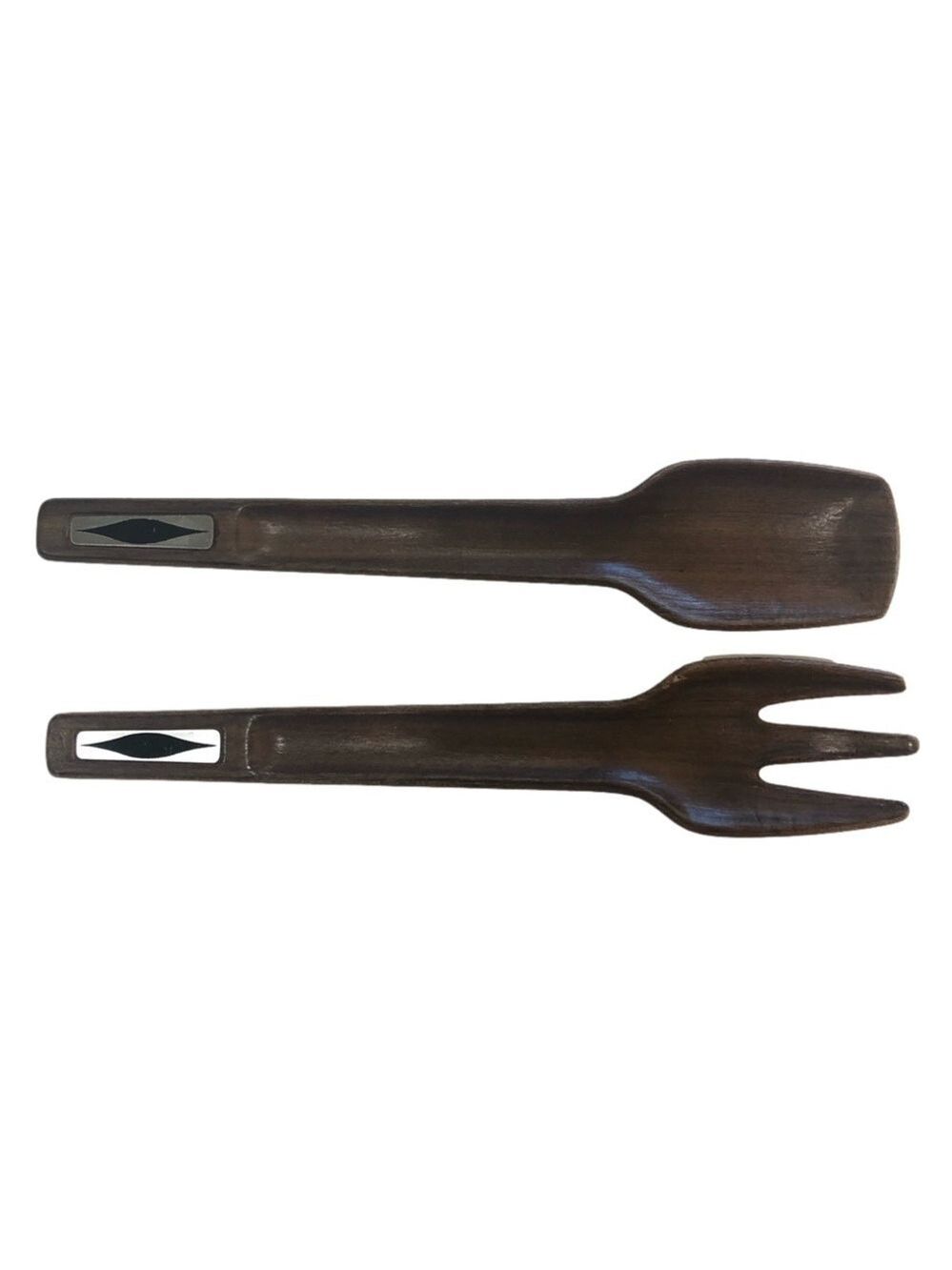MCM wooden salad servers fork and spoon with decorative metal accents. Geometric